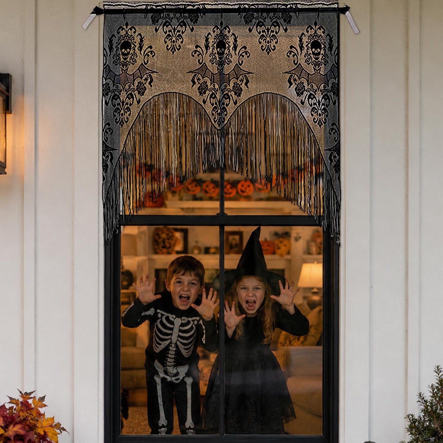 ZeeDix 2 Pcs Halloween Lace Skull Window Curtain- Black Tassel Door Curtain for Halloween Home Party Decorations, Party Supplies