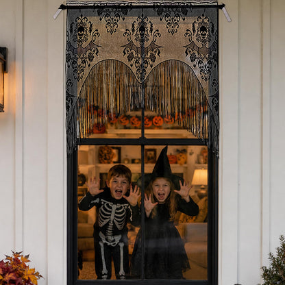 ZeeDix 2 Pcs Halloween Lace Skull Window Curtain- Black Tassel Door Curtain for Halloween Home Party Decorations, Party Supplies