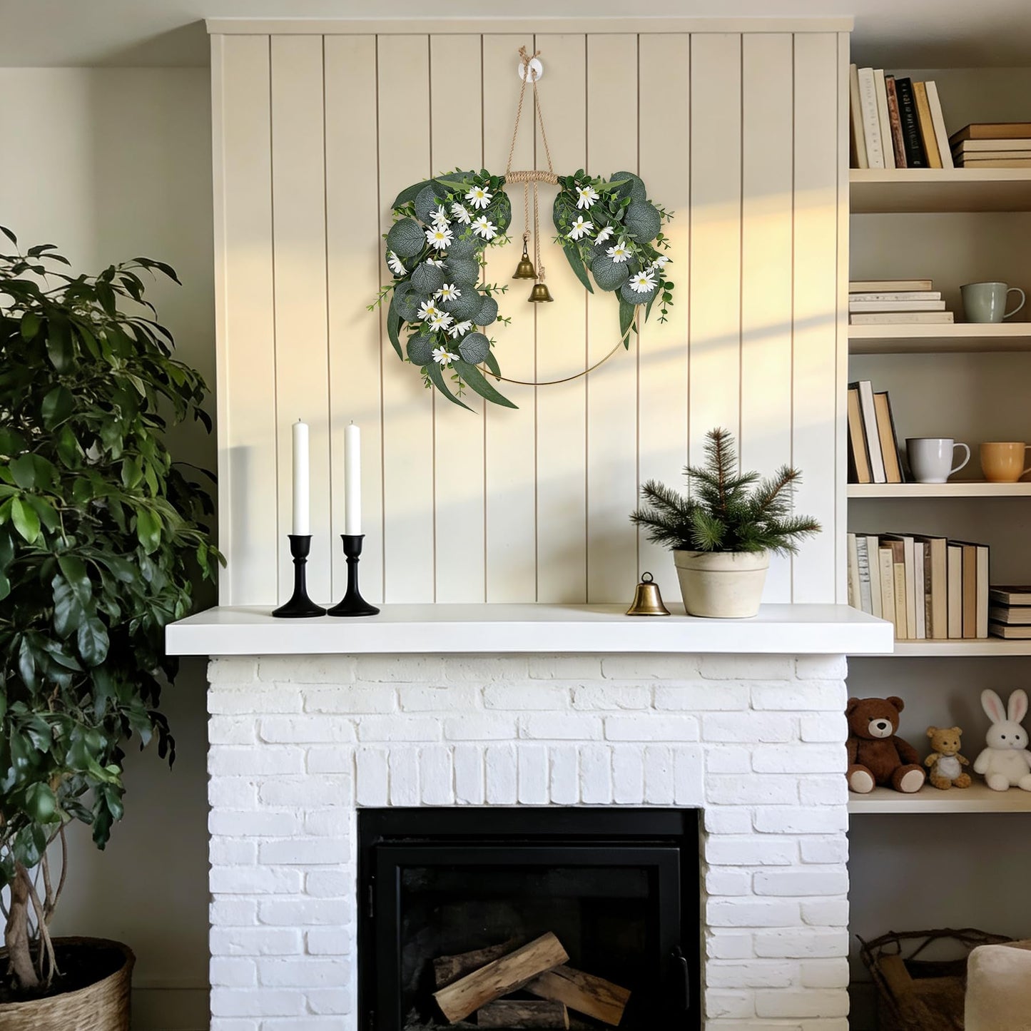 Kuabiz Spring Eucalyptus Wreath for Front Door 15.7" Artificial Spring Greenery Wreath with Olive Leaves Daisy Flower Summer Wreaths All Season for Farmhouse Porch Window Hanging Wall Home Decor