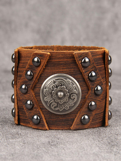 GelConnie Leather Cuff Bracelet Handmade Brown Leather Bracelets Studed Gothic Punk Mens Wrist Bracelet Wide Wristband