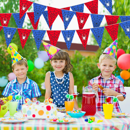 Tiamon 5 Pcs Spider Web Birthday Party Decorations Spider Theme Birthday Triangle 49.2 ft Flag Red Black Blue Pennant Banner Garland Streamer for Baby Shower Cartoon Movie Party Supply