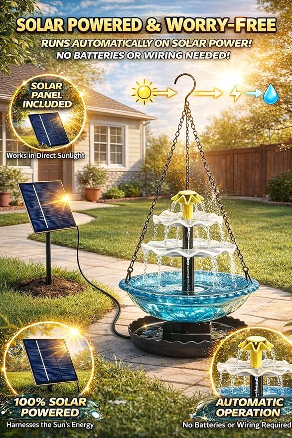 Solar Cascade Hanging Bird Bath Fountain, 2026 New Outdoor Hanging Bird Bath with Solar Fountain, Large Humming Birds Baths Fountains, with Solars Pump & Glass Bowl, for Outdoor, Gardens (#5)