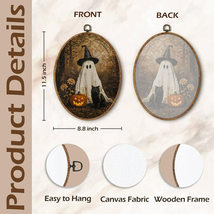 fZSZSD Halloween Witchy Ghost Pumpkin Black Cat Oval Wall Art Decor, Moody Fall Oval Framed Canvas Art Prints, Rustic Forest Spooky Wall Hanging Decor for Home Bedroom Living Room, 8.5x11.5 Inch