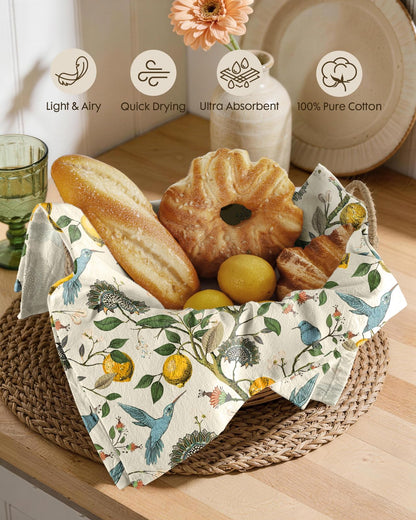 Miss Adola Flour Sack Kitchen Towels Set of 2-18x26 Cotton Dish Towels with Hanging Loop Reusable Tea Towel for Cleaning Spring Absorbent Dishcloths Cute Home Decor Housewarming, Lemon Birds