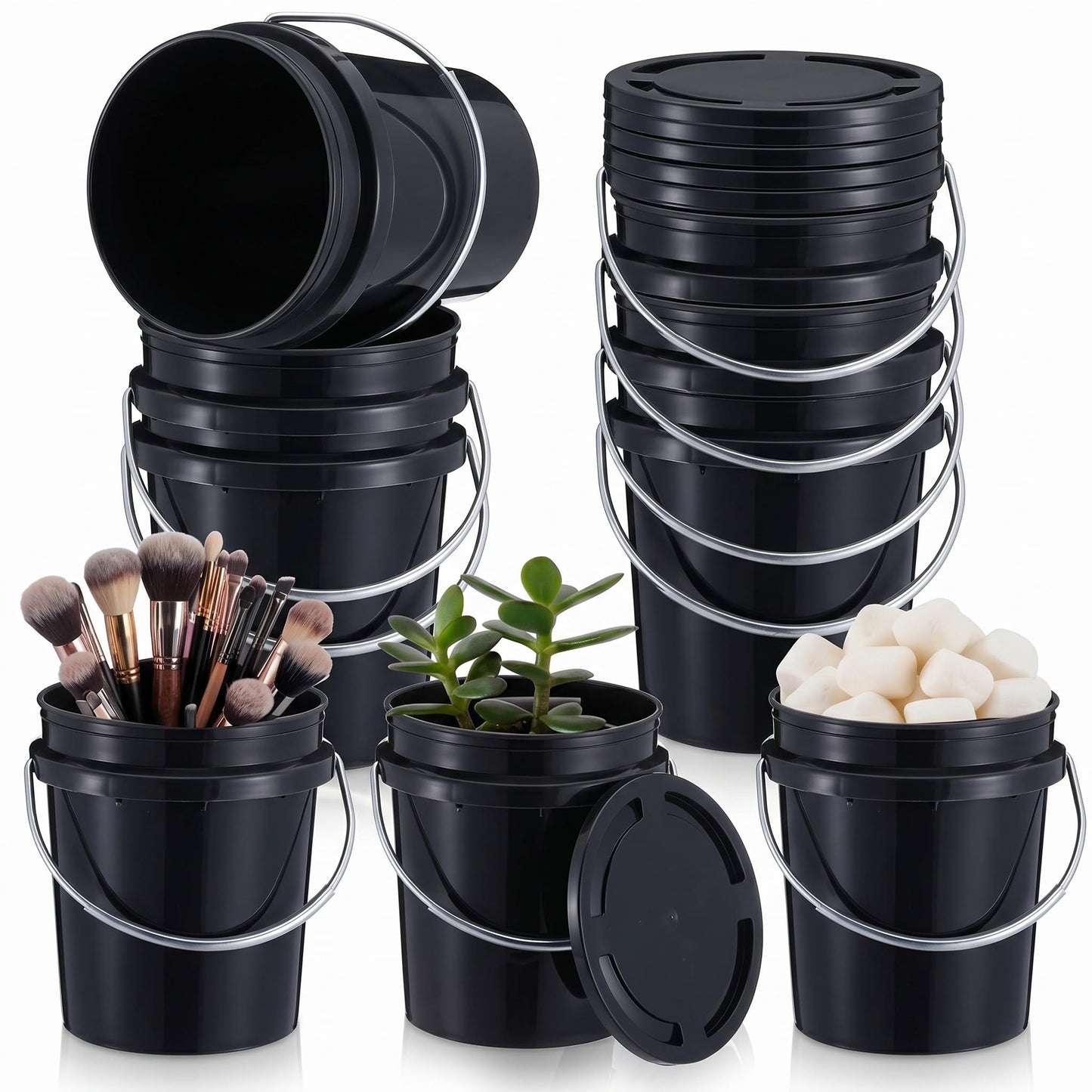 Hushee 6 Pcs Mini Plastic Buckets with Lids, 0.4 Quart Black Buckets for Party Gift Packaging, Candy Holders Easter Halloween Christmas Candy Treat Snacks Holder Birthday Baby Shower Party Supplies