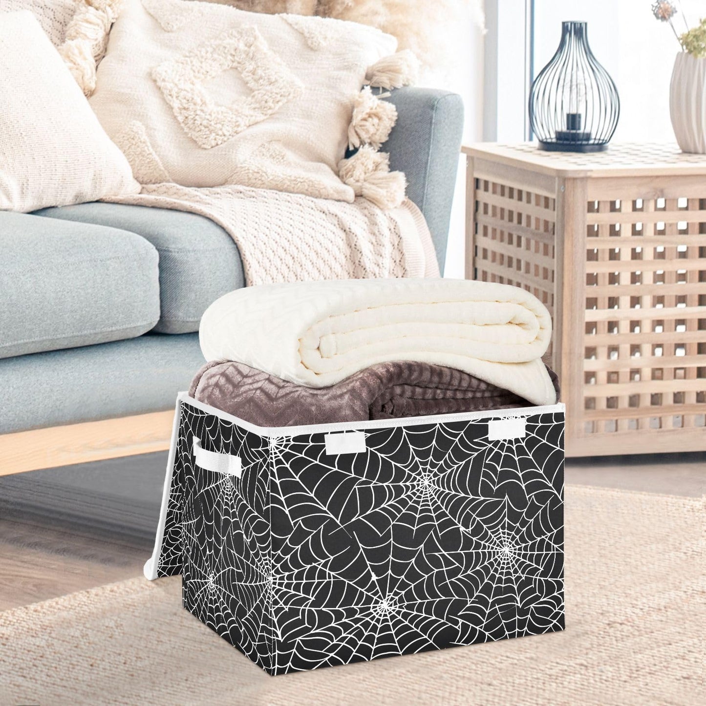 Bolaz Storage Bins with Lids and Handles,Halloween Gray Spider Web Storage Box Basket with Cover Collapsible Organizer Containers for Home Closet, Shelves