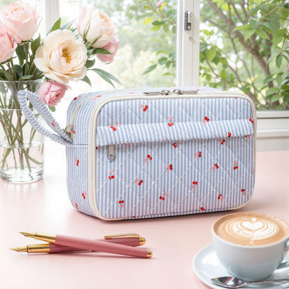 WOBAGMEN Quilted Pencil Pouch for Girls Women, Large Pencil Case Pouch with Compartments Cute Aesthetic Pencil Case Organizer, Floral Pencil Bag for School Supplies (Striped Cherry)
