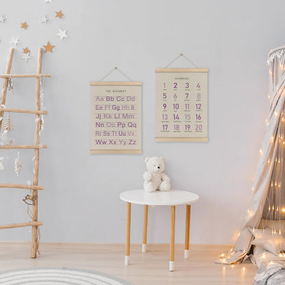 HRQKO Alphabet Numbers Poster Hanger Frame Set of 2, Girls Nursery Wall Decor, Boho ABC Poster Wall Art with Wooden Frames, Purple Alphabet Banner Wall Hanging Decor for Toddler Playroom, 12x16 Inch