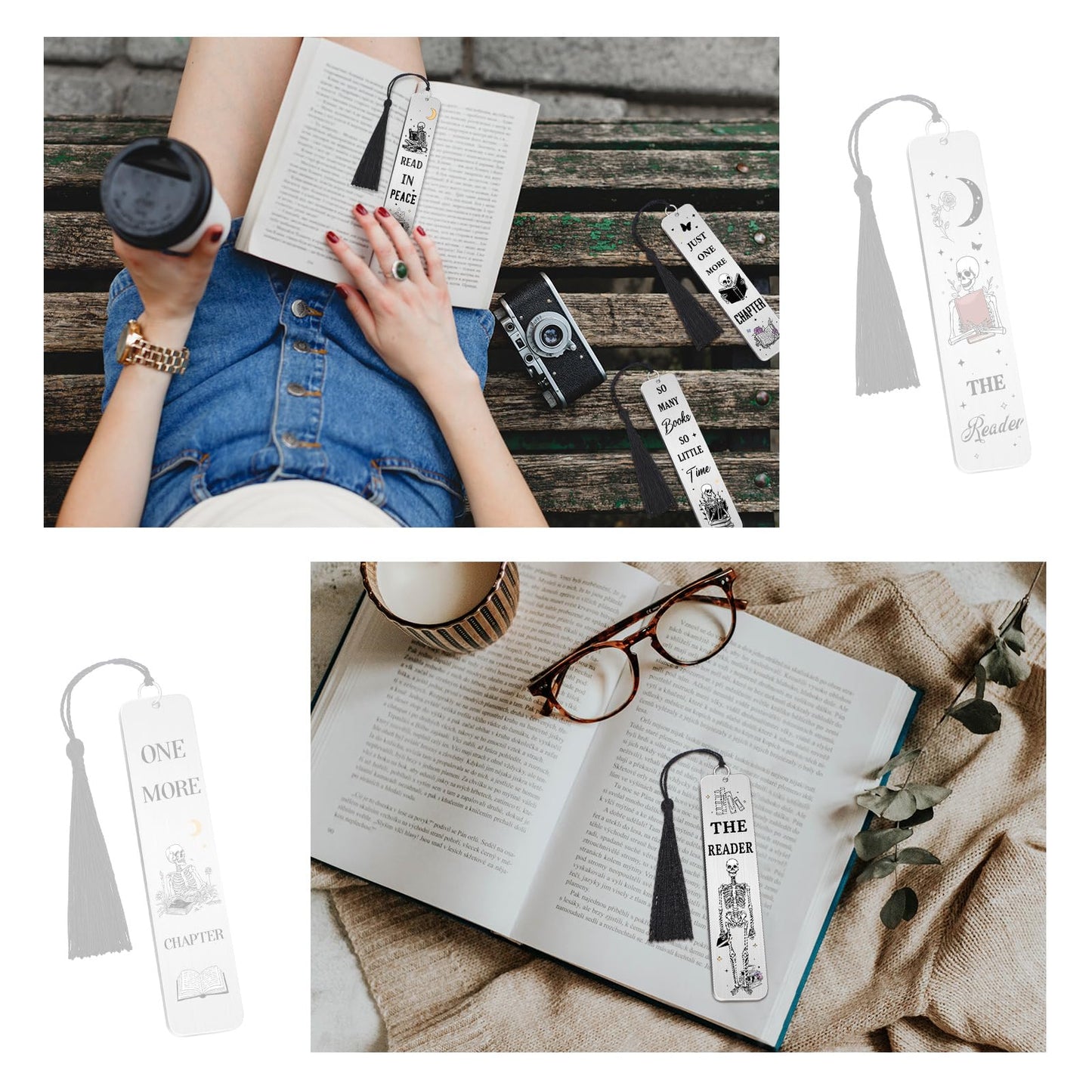 Honoson 8 Pcs Skeleton Gothic Bookmarks Funny Book Lover Bookmark Skull Novelty Metal Bookmarks with Tassels for Women Men Reading Accessories Halloween Birthday Gifts