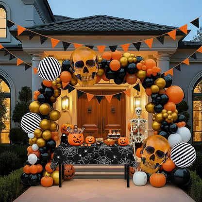 Halloween balloons arch kit Orange Black balloons skull stripe balloons & maple leaves spiderwebs for Fall adult horror halloween Birthday Spooky Theme Festival rick or Treat game Decorations