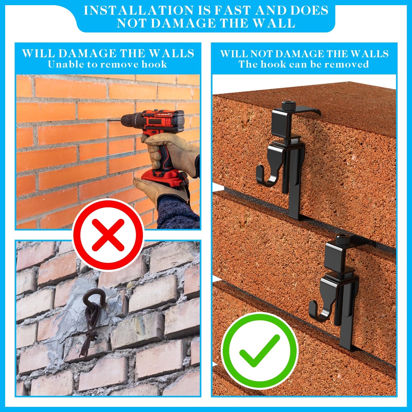 Lewufe Stainless Steel Brick Wall Clips, Brick Hooks Clamp Outdoor Heavy Duty 1-3/4" to 2-1/2" Brick Hook Brick Hangers No Drill, 6 Packs