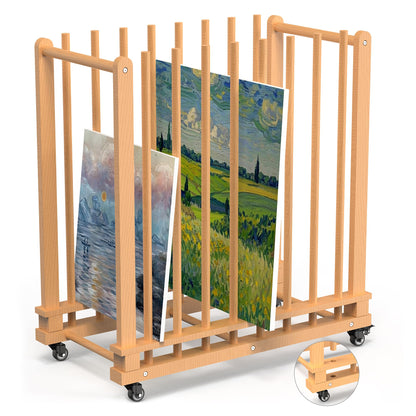Tredre Art Storage Rack with Double-Handles & Wheels, Beech Wooden Canvas Storage Stand, Art Drying Rack with Quick-Insert Rods for Drawing Board, Panel, Paper Pad for Art Studios, Artworks, Gallery