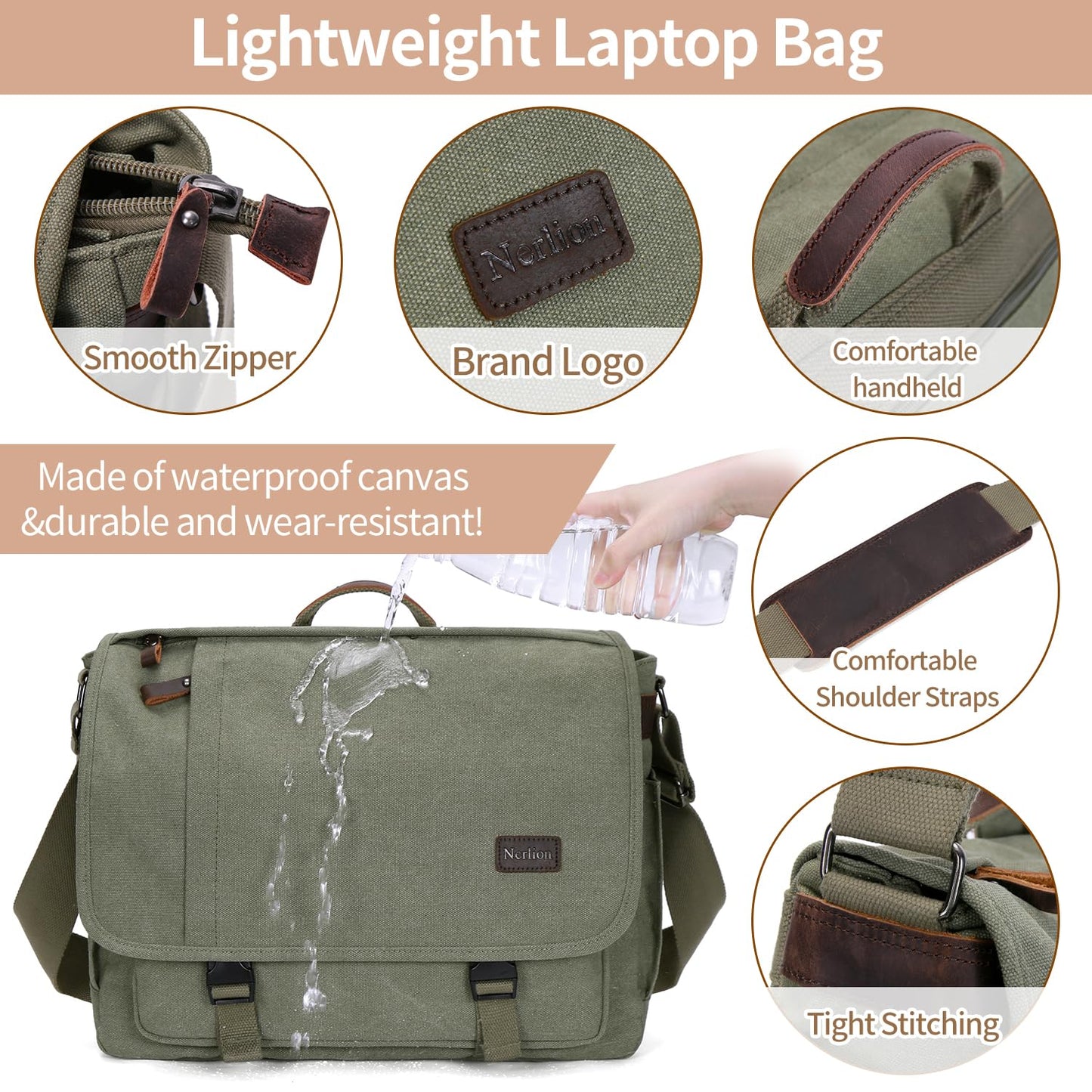 Nerlion Messenger Bag for Men 17-17.3 Inch Laptop Bag Canvas Water-resistant Computer Bag Shoulder Bag Work Briefcase Bookbag for College (Green)