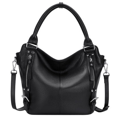 Over Earth Genuine Leather Handbags for Women Hobo Shoulder Bags Ladies Tote Bag(O172E Black)