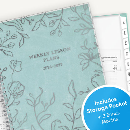 Blue Sky 2026-2027 Weekly and Monthly Academic Year Teacher Lesson Planner Calendar, July 2026 - June 2027, 8.5" x 11", Flexible Cover, Wirebound, Laminated Tabs, Storage Pocket, Prairie Aqua