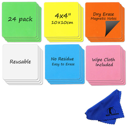 Dry Erase Magnets Set - 24 Pack 4x4 in - Magnetic Notes for Whiteboard and Fridge - Write On Magnet Sheets Reusable White Board Labels - Writable Magnetized Dry Wipe Strips for Home and Office