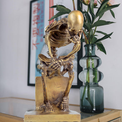 R REALONG Bronze Skeleton Thinker Statues Sculptures Home Decor-8.3" Bronze Abstract Rodin Thinking Halloween Skull Art Decorations (Gold)