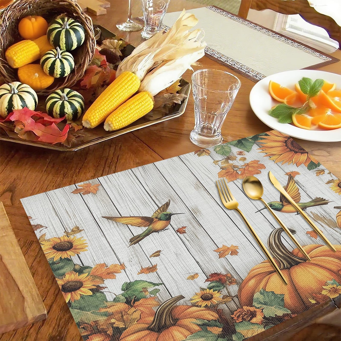 Thanksgiving Day Vinyl Placemats Set of 4 for Dining Tables,Fall Pumpkin Bird Sunflower on Wood Kitchen Table Mats Heat Resistant Washable Wipeable PVC Place Mat for Indoor Outdoor Seasonal Party