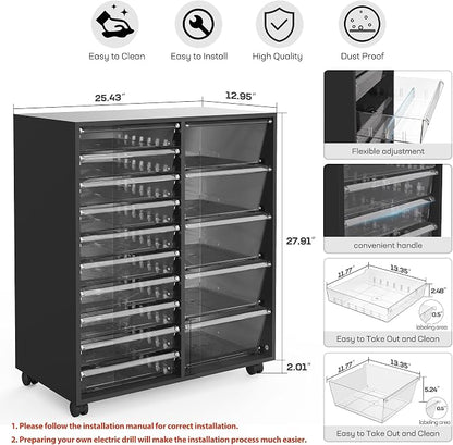 WOPITUES Mobile Storage Cabinet with 15 Clear Drawers, Craft Cabinet with 5 Large Drawers, Cart with Wooden Tabletop, Printer Stand Home Office, Dresser Chest, Modern Black
