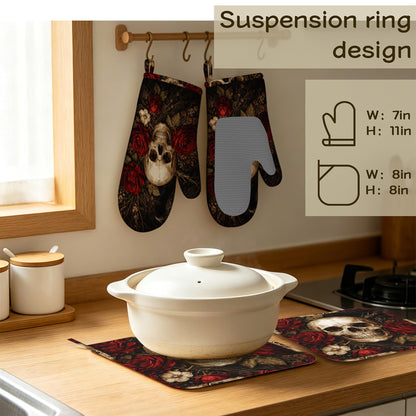 Oven Mitts and Pot Holders Gothic Skull Floral Silicone Kitchen Accessories Set of 4 Heat Resistant Gloves Potholder Non-Slip Grip for Chef Cooking Baking Grilling BBQ
