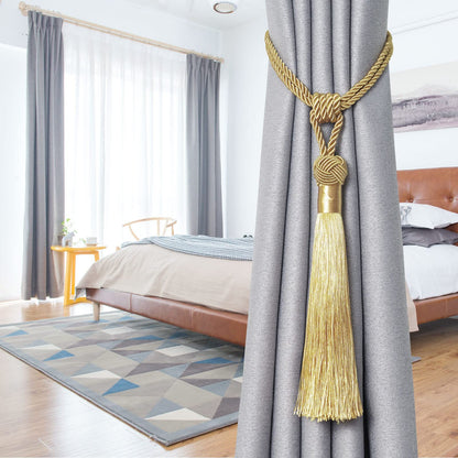 NICEEC 4 Pack Long Tassel Curtain Tiebacks Handmade Braided Rope Knot Drape Tie Backs European Style Decorative Curtain Holdbacks for Home & Office Window Drapery (Gold)