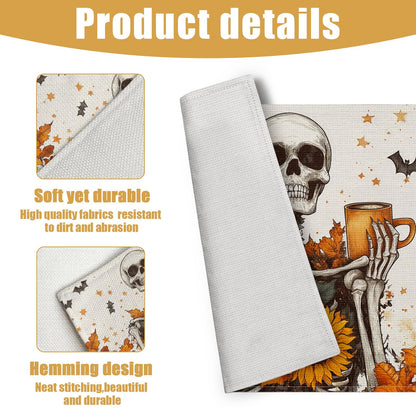 Fall Skull Sunflower Placemats Set of 6, Halloween Bat Linen Place Mat Washable Stain Resistant Table Mats for Farmhouse Kitchen Dining 12x18 Inch