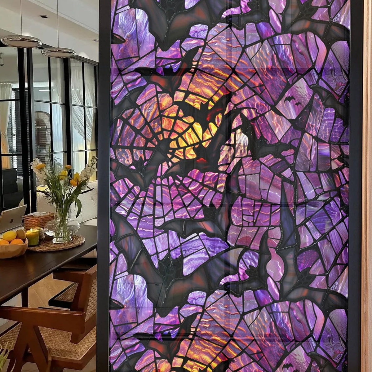 Halloween Window Stickers Privacy Film Static Window Sticker Decal Halloween Bat Window Decals Film Purple Stained Glass Clings Windows Art for Home School Office Glass Decoration