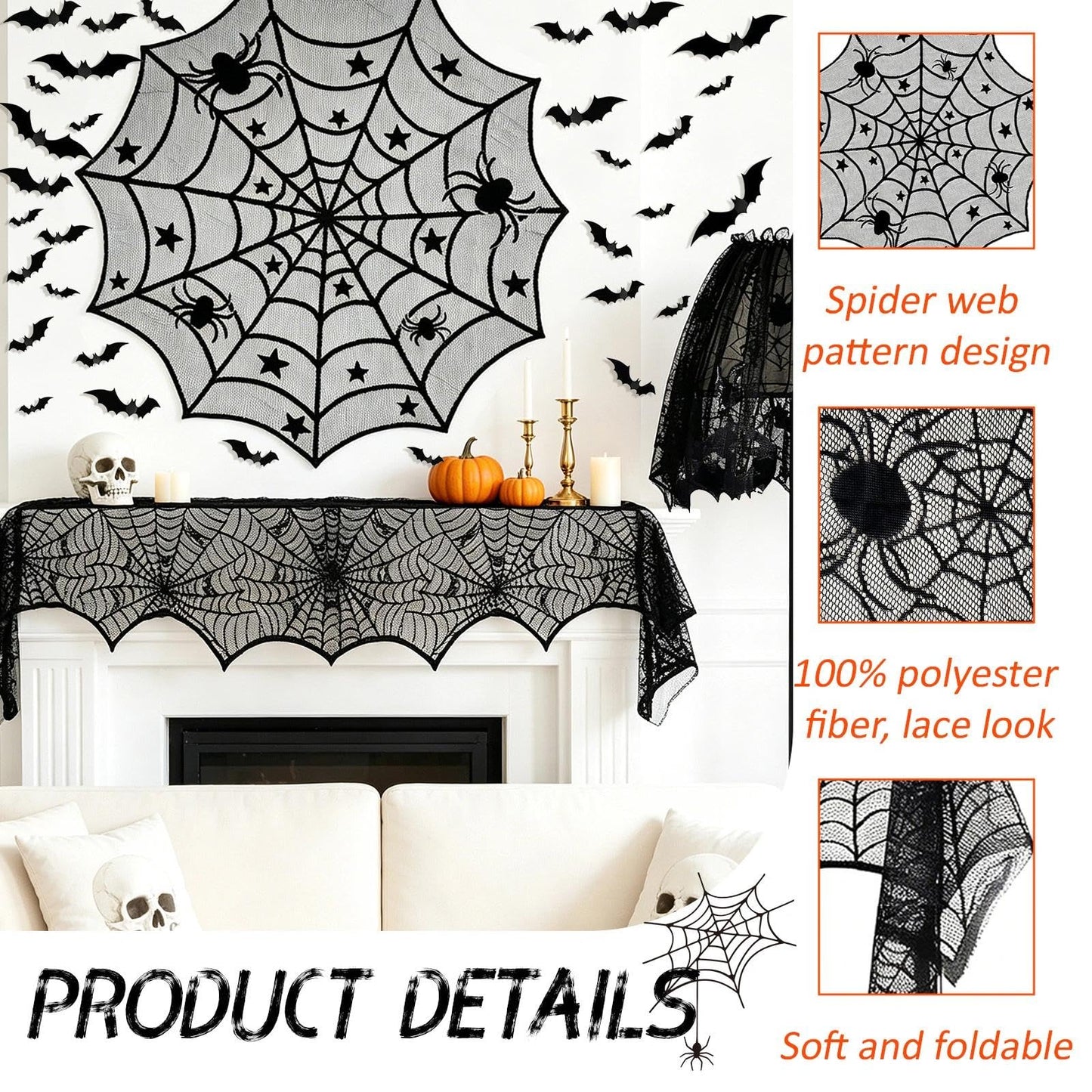 Zoonlinpp 5 Pack Halloween Decorations Indoor Black Lace Table Runner Fireplace Mantel Scarf Cover Spider Web Tablecloth Cobweb Lampshade with 32 Pcs Bat Wall Stickers Spooky Party Decor
