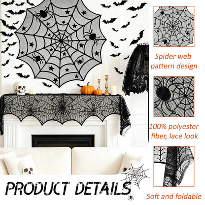 Zoonlinpp 5 Pack Halloween Decorations Indoor Black Lace Table Runner Fireplace Mantel Scarf Cover Spider Web Tablecloth Cobweb Lampshade with 32 Pcs Bat Wall Stickers Spooky Party Decor