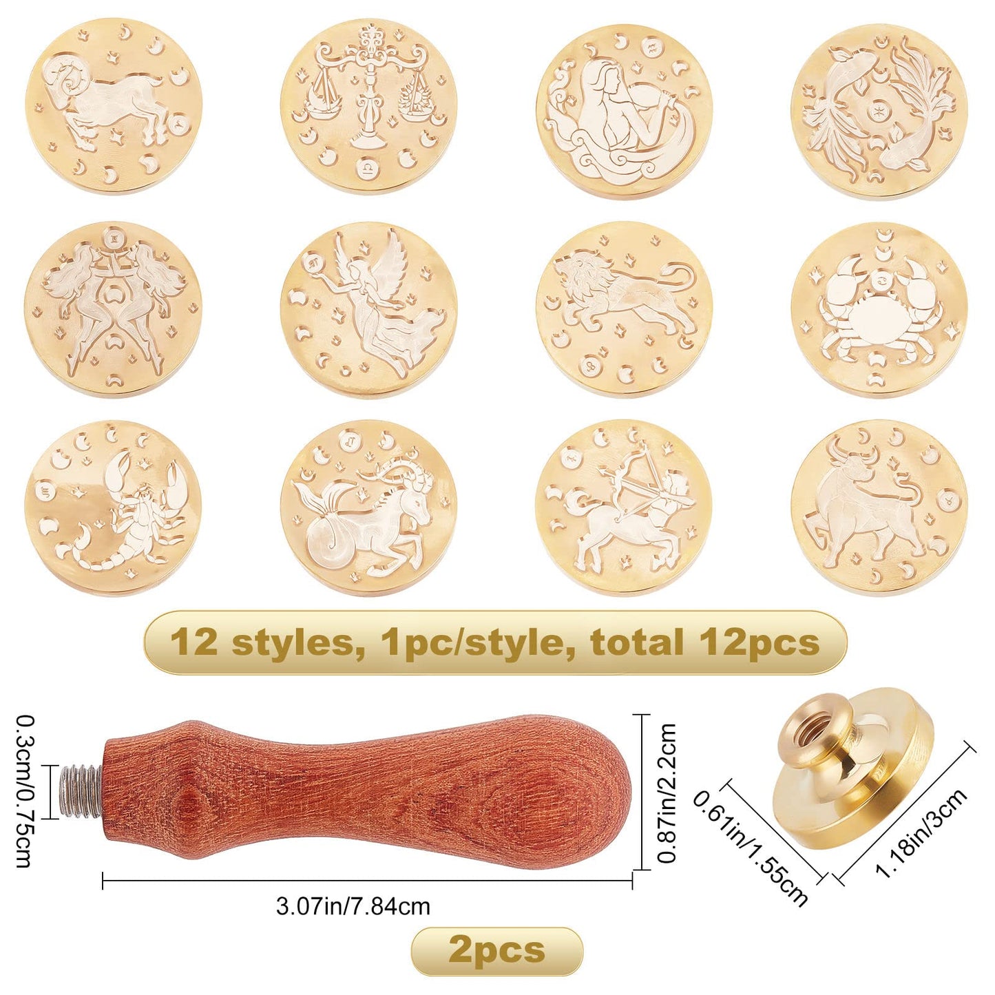CRASPIRE 12pcs Constellations Wax Seal Stamp Set Tarot Magic Sealing Stamp Heads Kits with 2pcs Wood Handle for Wedding Invitations Envelopes Birthday Gift Cards Scrapbooking