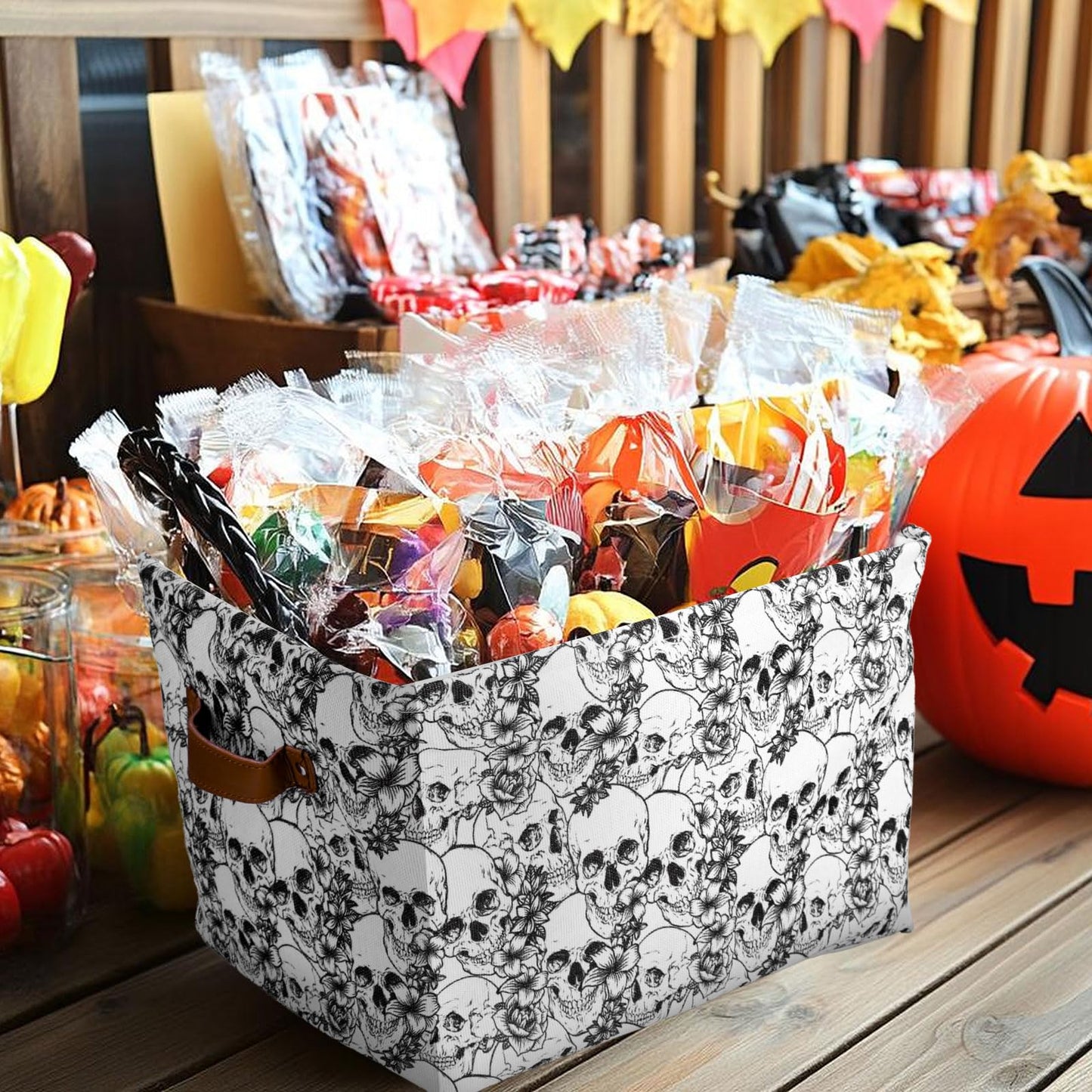 Whaline Halloween Storage Basket with Handles Skull Floral Cube Storage Bin Foldable Fabric Container Organizer Box for Home Office Dorm Closet Shelf Toy