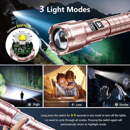 WdtPro LED Rechargeable Flashlight 2 Pack, 3 Modes Super Bright High Lumens Flashlights, Zoomable Tactical Flash Light with LCD Display, IP65 Waterproof Flashlights for Home Emergency Camping - Pink