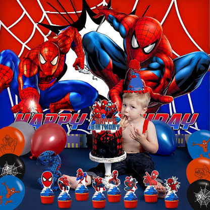 Spider Web Birthday Decorations Include Latex Balloon,Cupcake Topper, Happy Birthday Balloons,Backdrop Set for Boys Kids Cartoon Party Supplies