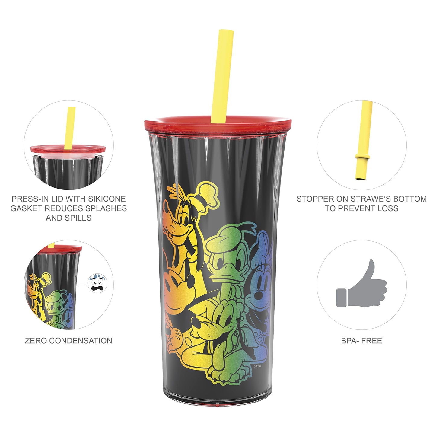 Zak Designs Disney Halloween Rainbow Collection Double-Wall Insulated Plastic Tumbler for Cold Drinks, Travel Cup with Splash-Proof Straw Lid Made with Durable Materials (Mickey and Friends, 20 oz)