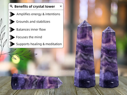 Amazing Gemstone Purple Fluorite Crystal Towers - Natural Healing Crystal Point Obelisk for Reiki Healing and Crystal Grid (3" to 4" INCH)