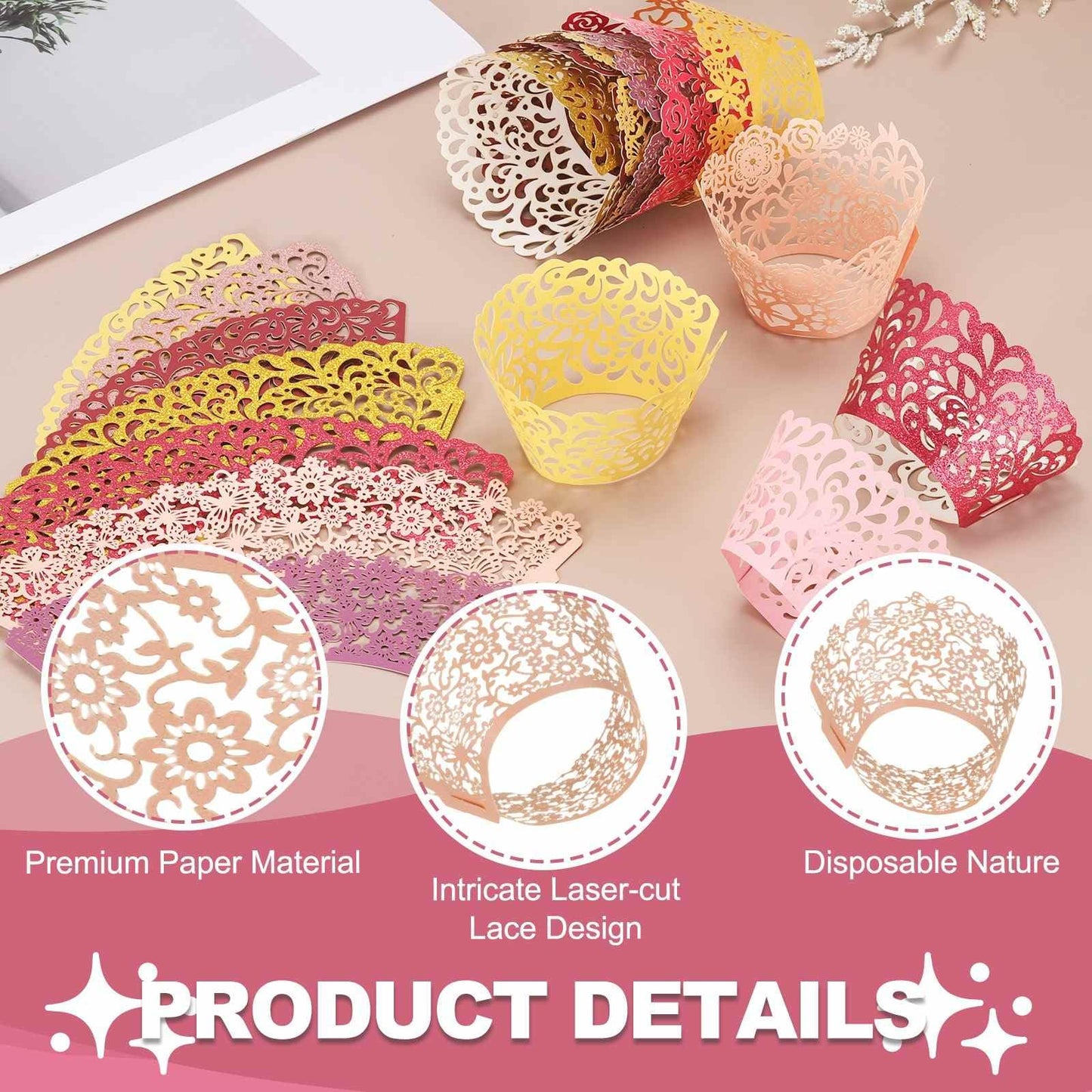 HARFINGTON 100 Pcs Lace Cupcake Liners Hollow Butterfly Designed Hollow Out Cupcake Wraps Artistic Bake Cake Paper Cups for Anniversary Birthday Weddings Parties, Light Pink
