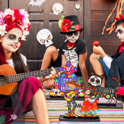 HOWAF 4PCS Day of The Dead Table Decorations,Wooden Mexican Dia De Los Muertos Altar Centerpiece with Sugar Skull Dancing Ghost Skeleton Couple Skeleton Cat Altar for Day of The Dead Alter Decor