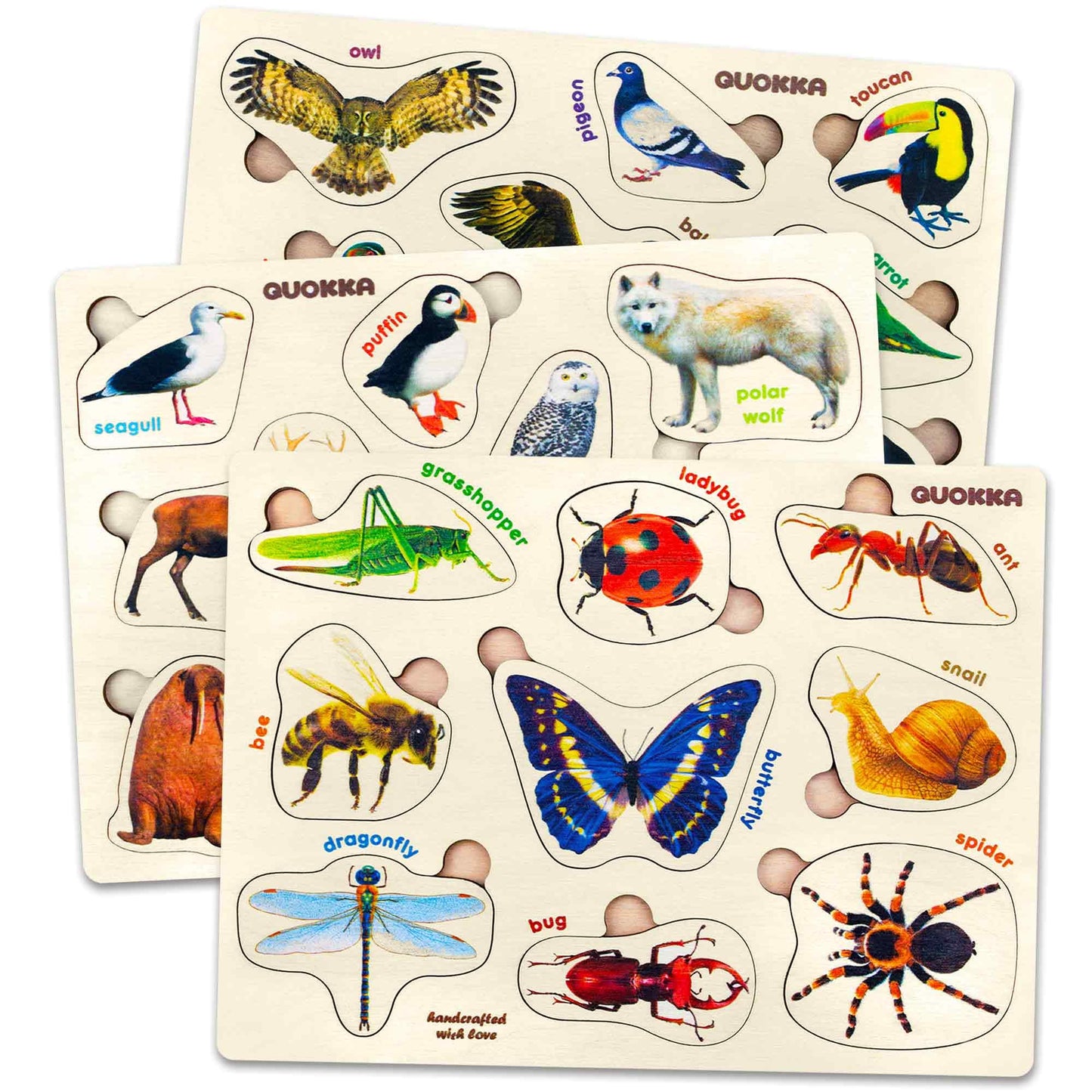 QUOKKA Wooden Puzzles for Toddlers 1-3 – 3xSET Kids Puzzles Ages 2-4 – Montessori Toy Puzzle for Toddlers 3-5 – Wood Toy Learning Realistic Insects - Arctic Animals - Birds for Boy and Girl
