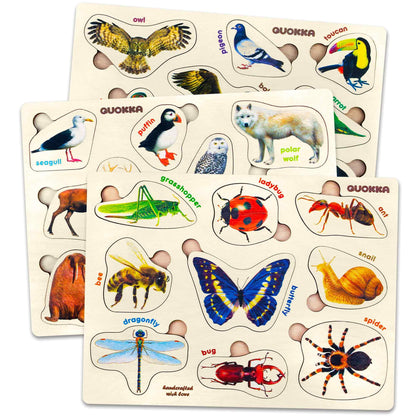 QUOKKA Wooden Puzzles for Toddlers 1-3 – 3xSET Kids Puzzles Ages 2-4 – Montessori Toy Puzzle for Toddlers 3-5 – Wood Toy Learning Realistic Insects - Arctic Animals - Birds for Boy and Girl