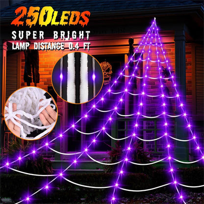 uesreaxy Halloween Decorations Outdoor, 250LED 23x18 FT Giant Spider Web with Purple Lights, Lighted Triangular Black Spider Web with Sturdy Wire, Waterproof, Timer, 8 Modes for Yard Halloween Décor