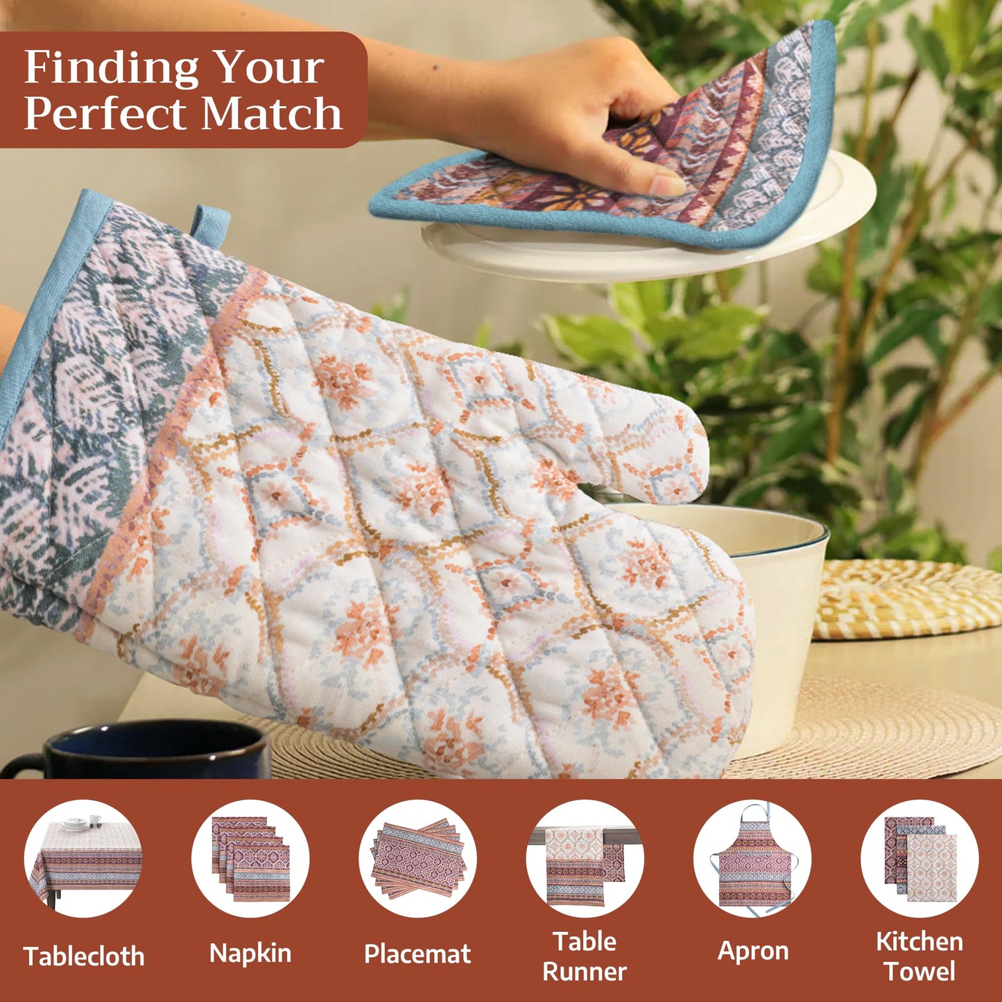 Maison d' Hermine 100% Cotton Oven Mitt & Pot Holder Set (7.5"x13" & 8"x8") Heat Resistant BBQ Cooking Gloves with Loop for Thanksgiving Christmas Decorations Handling Hot Pans (Fair Isle)