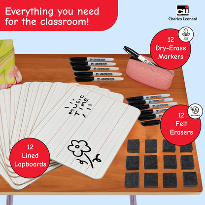 Charles Leonard Dry Erase Board Classroom Pack - Mini Lapboard School Supplies - Includes 12 Each One-Sided Lined Erasable White Boards, 2 Inch Felt Erasers and Black Dry Erase Markers (35025)