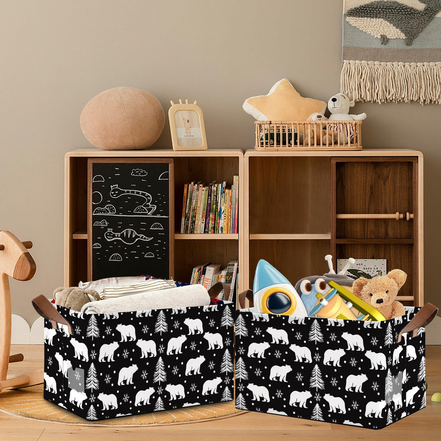 Masarua Bear Forest Collapsible Storage Box,Snowflake Winter Organizer Bin with Handles for Room Decoration,Bins Book Basket Box 17x11.5x10Inch