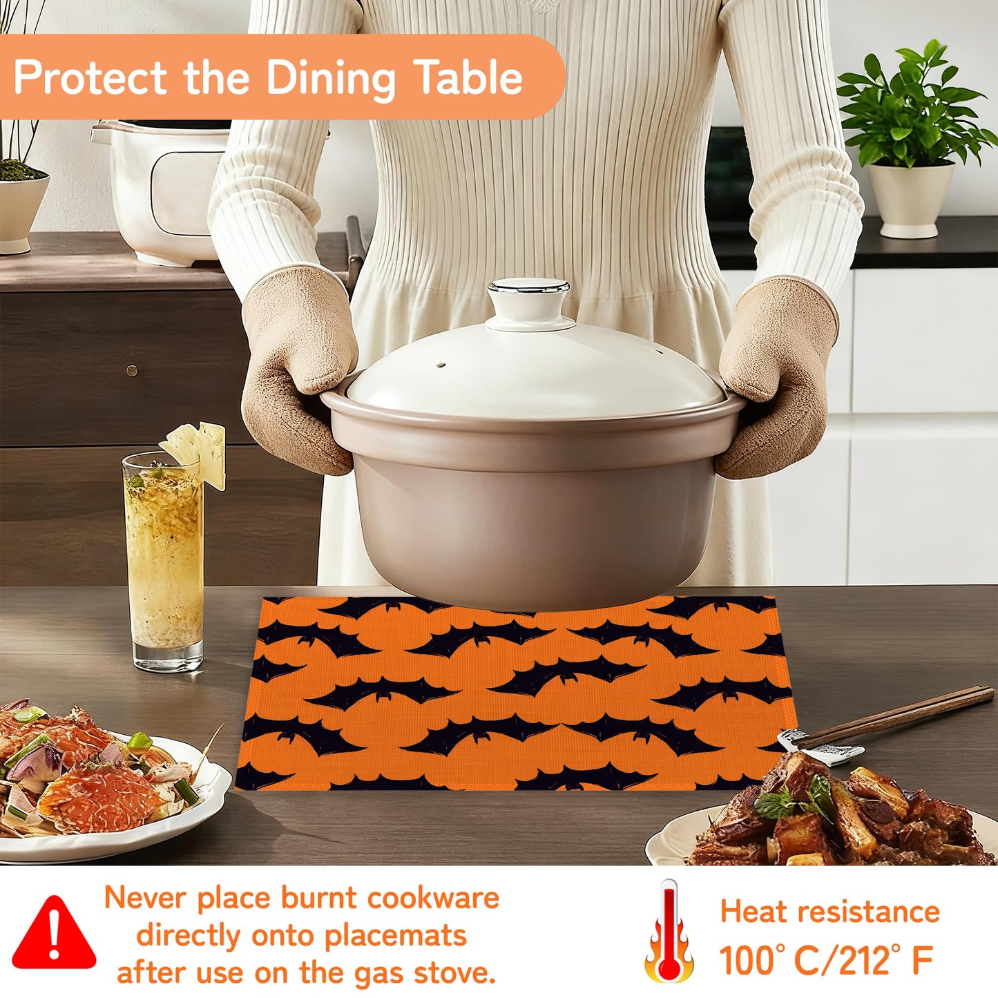 Halloween Bats Placemat Set of 6,Heat Resistant Linen Table Mats for Indoor Outdoor Home Kitchen Dining Room Table 12x18Inch