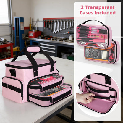 Trahzia Pink Tool Bag for Women with 2 Clear Pouches, 12-inch Tool Storage Organizer, Double Layer Tool Box for Electrician, Carpenters, Repairman, Pink