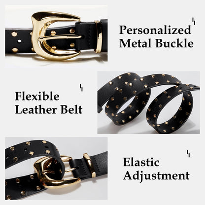 Asaloy Women's Studded Genuine Leather Belts,Adjustable Womens Waist Belts for Jeans Dresses and Pants Punk Belt (Black gold+White gold belt(2P), Waist circumference 27-36 inches)
