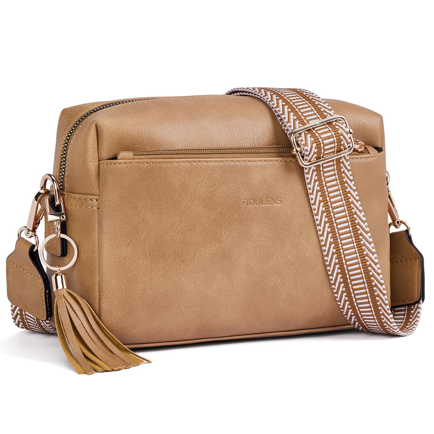 Roulens Triple Zip Small Crossbody Bag for women,Wide Strap Cell Phone Purse Shoulder Handbag Wallet with Credit Card Slots