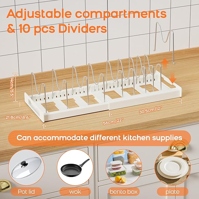 Nigelia 2 Pack Pots and Pans Organizer for Under Cabinet, 22" Expandable Food Storage Container Lid Organizers with 10 Adjustable Dividers Pot Lid Holders Rack Inside Cabinet&Kitchen Countertop(Black)