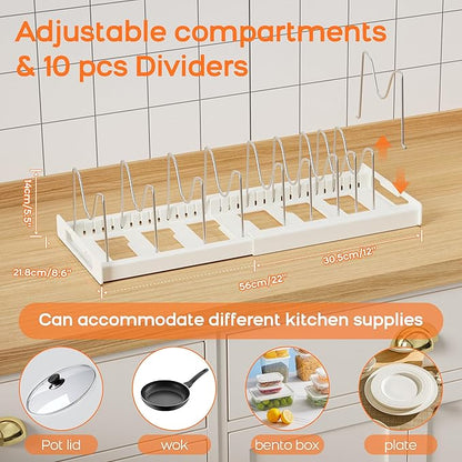 Nigelia Pots and Pans Organizer for Under Cabinet 22" Expandable Food Storage Container Lid Organizers with 10 Adjustable Dividers Pot and Pan Lid Holders Rack Inside Cabinet&Kitchen Countertop(Black)