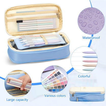 Trandraft 135 Pcs Book Annotation Kit with Pencil Case, 12 Pastel Highlighters, 11 Gel Pens, Fine Marker, 300 Transparent Sticky Notes, 2640 Index Tabs, Bible Study Supplies Kit(Classic,Light Blue)